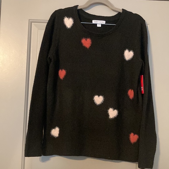 Sweaters - Celebrate Together Sweater Womens Med Black With Fuzzy Hearts Knit Hole